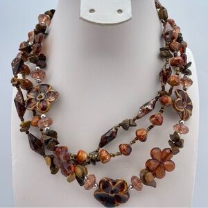 Boho Multi-Strand Brown Floral Beaded Necklace